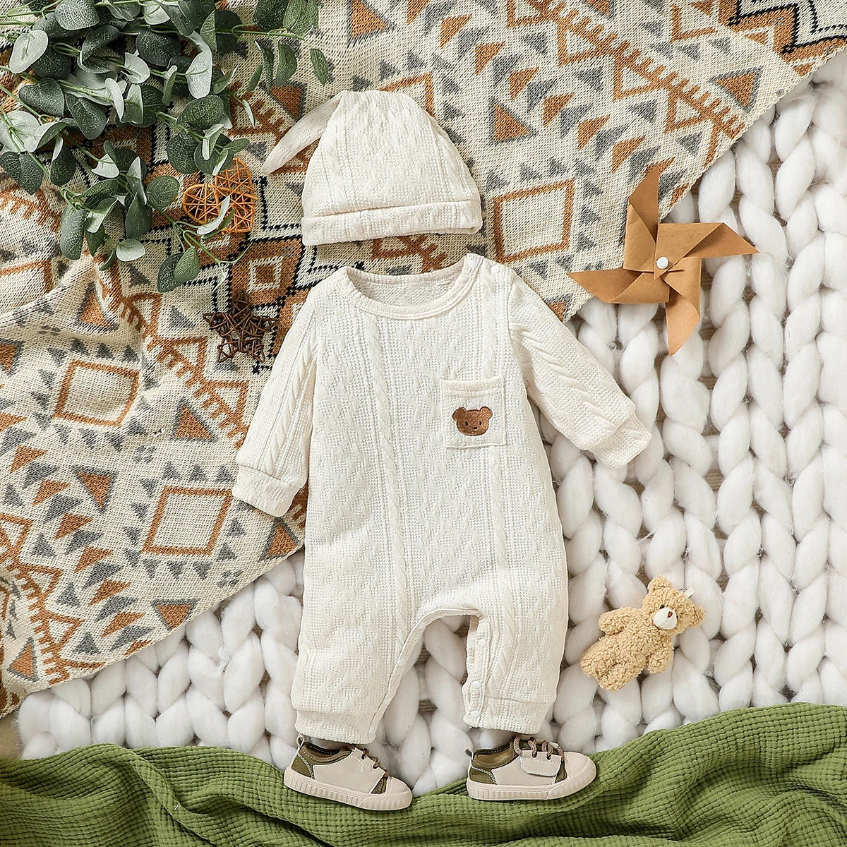 Baby Boys Solid Long Sleeve For Autumn With Pocket Casual Daily Jumpsuit+ Hat