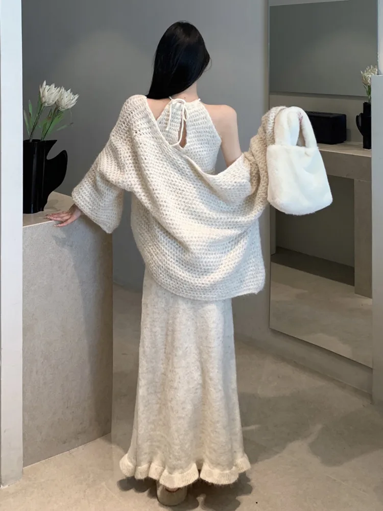 High End Korean Fashion Sweater Outfit Lazy Temperament Knitted 3 Piece Set Women Casual Cardigan Coat + Top + Long Skirt Suits