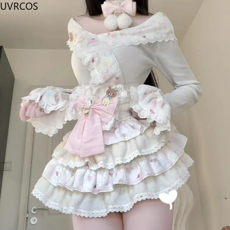 Japonês doce lolita estilo saia conjunto feminino kawaii floral impressão mangas compridas topo bonito bolo saia com arco cinto mini saia terno