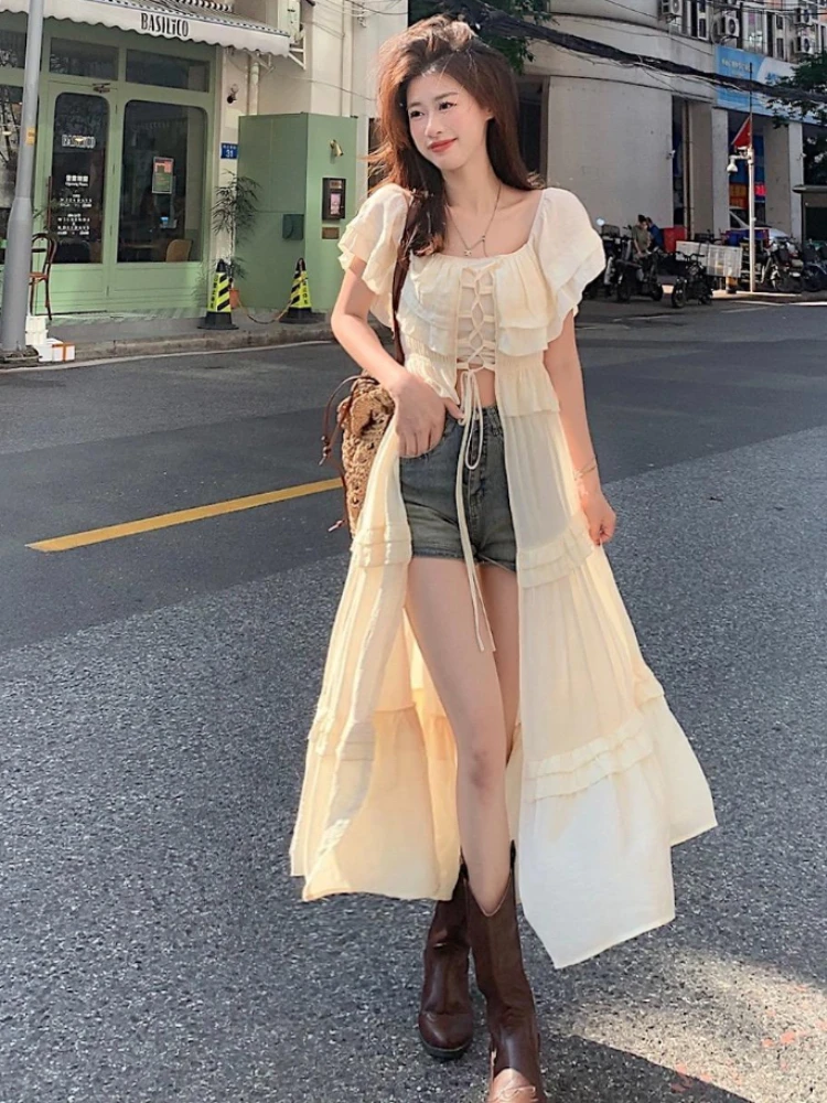 

QWEEK Beach Ruffles Holiday Vacation Midi Dress Women Sundress Summer 2024 Causal Off Shoulder Bandage Dresses Fashion Korean