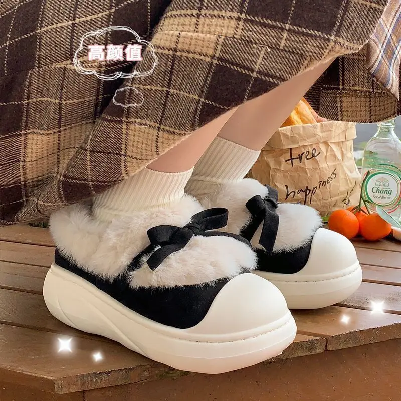 New furry shoes winter loafers women bow fur slippers woman winter slip on shoes ladies thick EVA slipper fluffy moccasins shoes