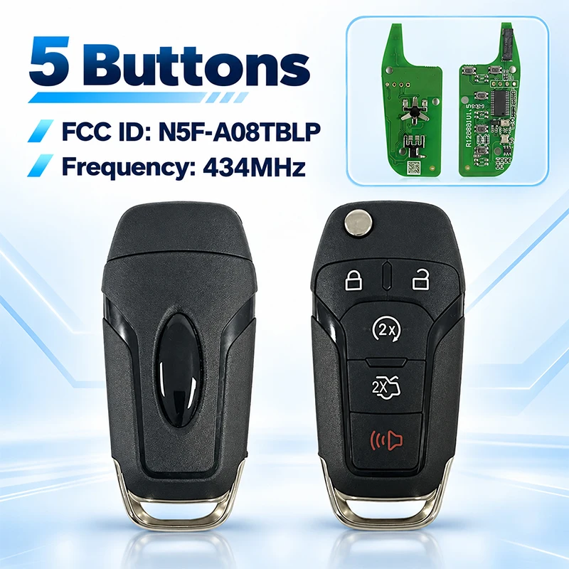 CN018157 Aftermarket 5 Button Flip Remote Remote Start Fob 49 Chip 434Mhz FCC N5F-A08TBLP For Ford F-150 F-250 2023-2024