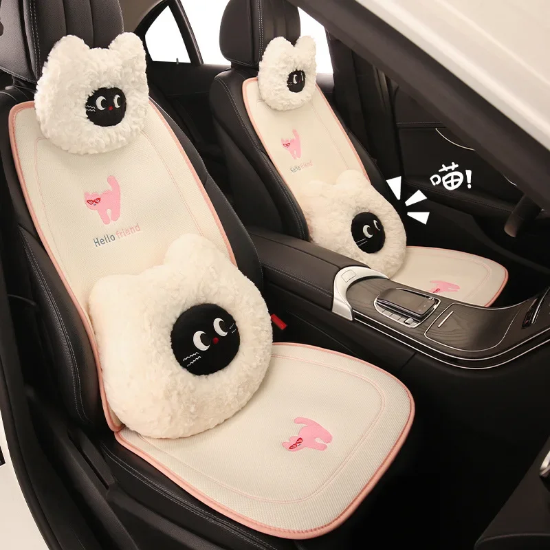 Pink Kitten Cat Embroidered Universal Car Seat Cushion - High-Quality All-Season Comfort Soft Fabric Auto Chair Pad