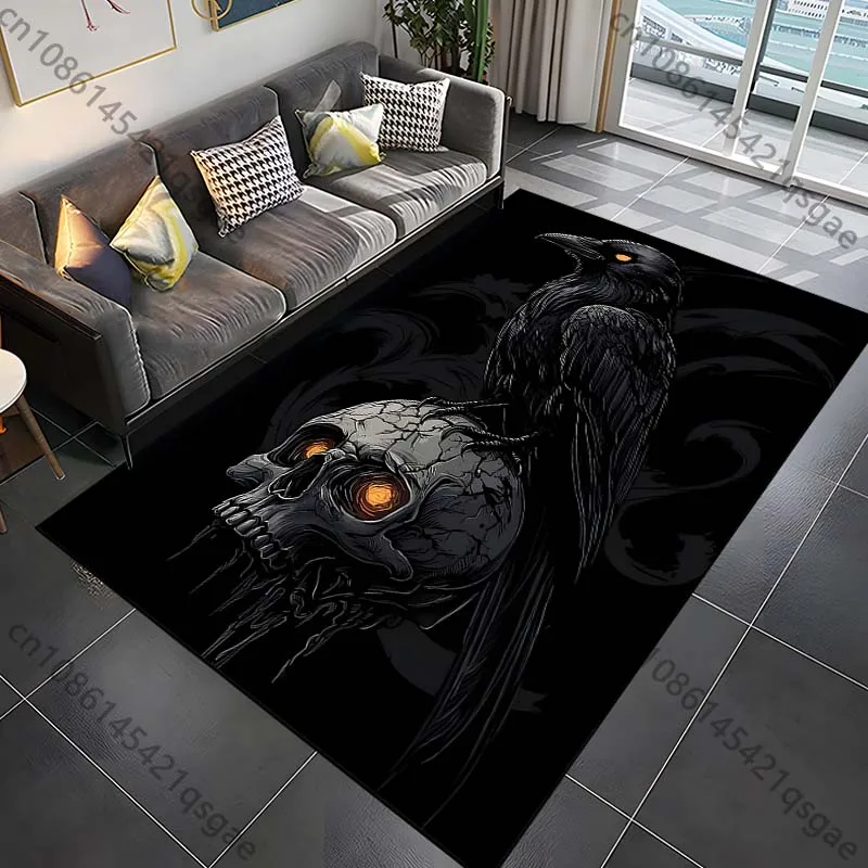 1PC Raven perched on glowing skull Print Carpet Rug for Living Room Bedroom Sofa Doormat Home Decor Non-slip Floor Mat