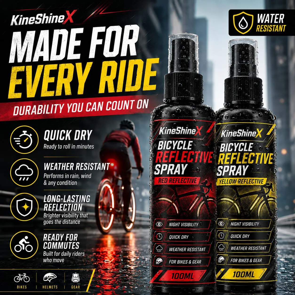 Bicycle Reflective Spray–Red/Yellow Reflective Coating for Night Visibility,Quick Dry,Weather Resistant,For Bikes,Helmets & Gear