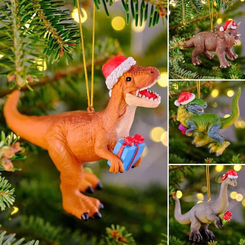 

Christmas Dinosaur Ornaments - T-Rex & Triceratops Resin Figurines - Holiday Gift Decor