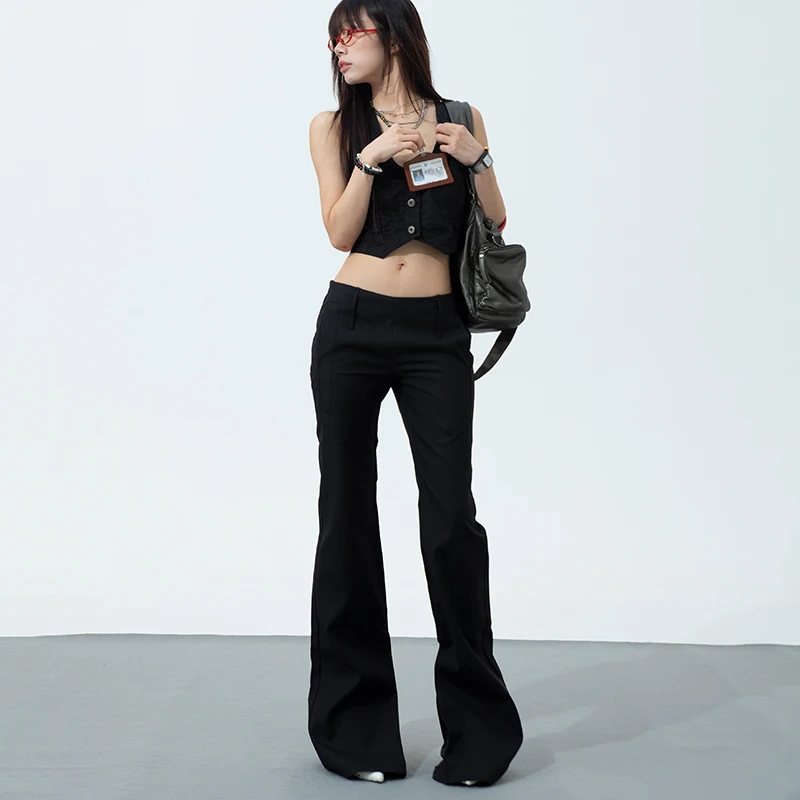 Trendy Low Waist Flare Pants Women Work Pants New Pocket Slim-Fit Casual Pants Female 80s Black Pants