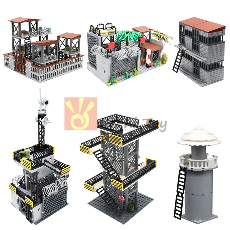 MOC – tours de montre de défense en treillis métallique militaire, bases de commande, tours de signalisation, figurines de soldats de l'armée ​ Blocs de construction briques jouets