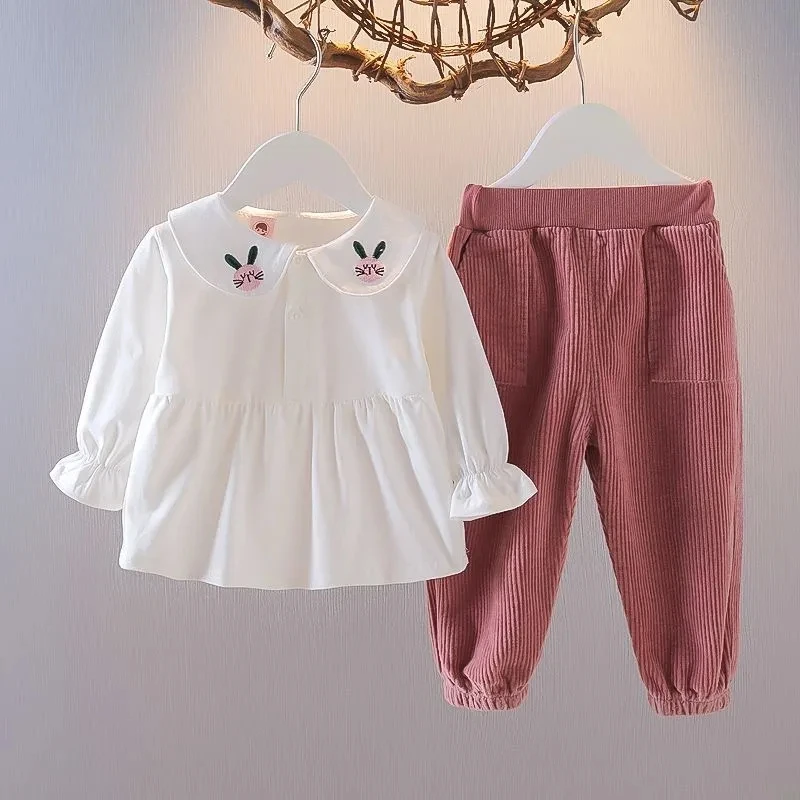 Sweet Corduroy Girls 3 Piece Sets Fashion Doll Collar Shirt+vest+pants Kids Ensemble Spring Fall Jogger Pants Children Outfit