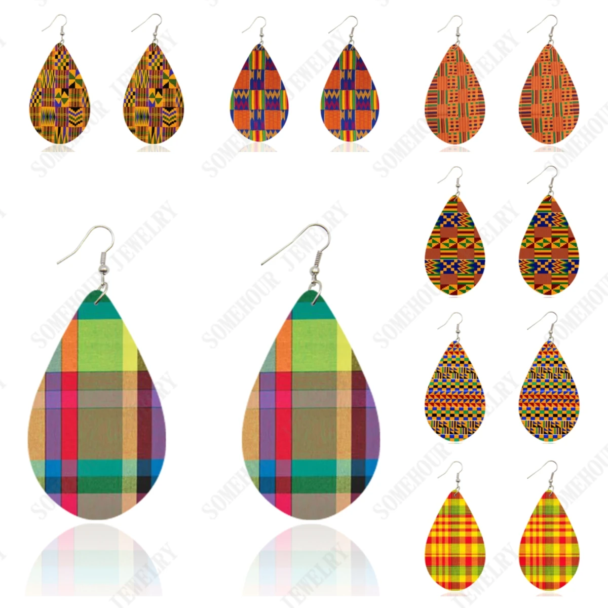 SOMEHOUR Madras diseño a cuadros gota de lágrima de agua pendientes colgantes de madera para mujeres tela étnica africana estampado bohemio colgante de oreja