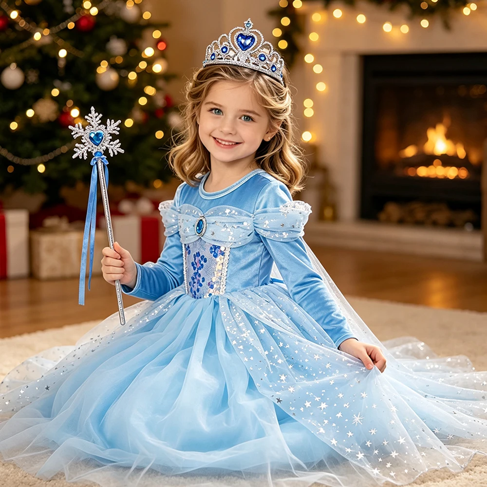 Mädchen Cinderella Blaues Pailletten-Prinzessinnenkleid mit Langen Ärmeln, Krone, Halskette und Komplettem Zubehör-Set als Geburtstagsgeschenk für Kinder – Detail 12