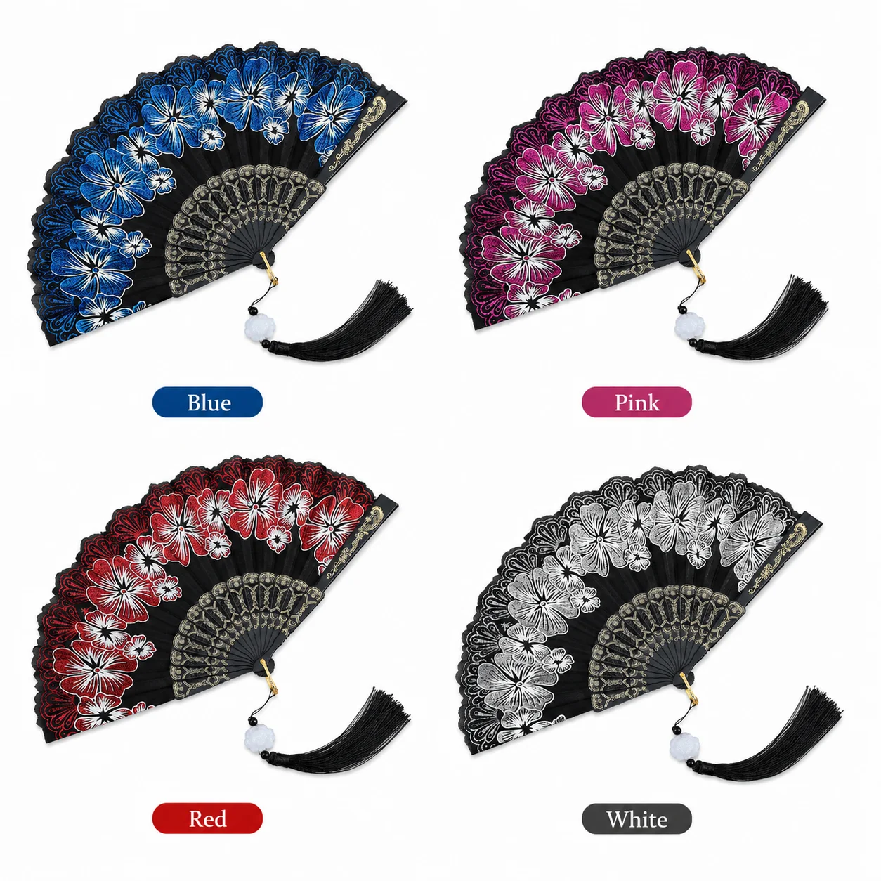 Floral Print Folding Hand Fan with Black Tassel, Vintage Decorative Fan for Dance Wedding Party Costume