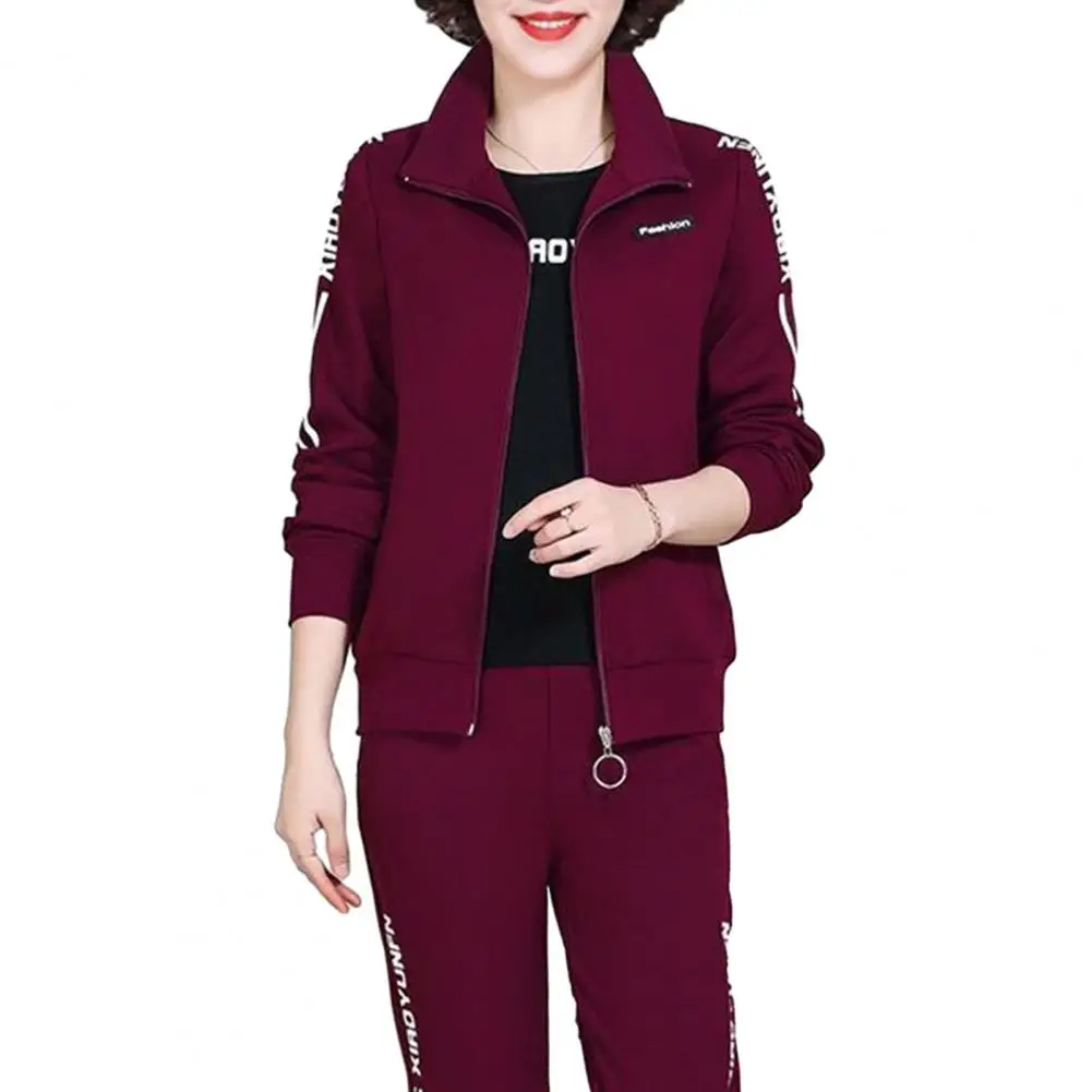 Women Loose Fit Suit Stylish Mid-aged Women's Winter Tracksuit Set with Letter Print Coat Elastic Waist Pants Soft Top Plus Size