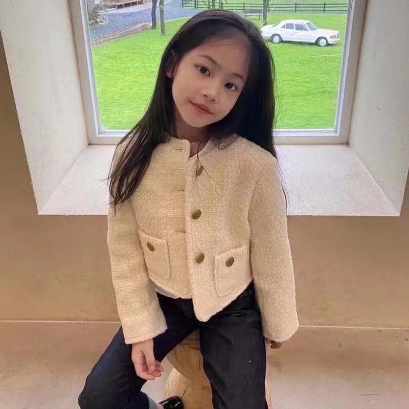 

In Stock 2025 Autumn Winter BP Baby Girls Padded Off White Coat Round-neck Single-breasted Jacket Wool Coat Girl Winter Jacket