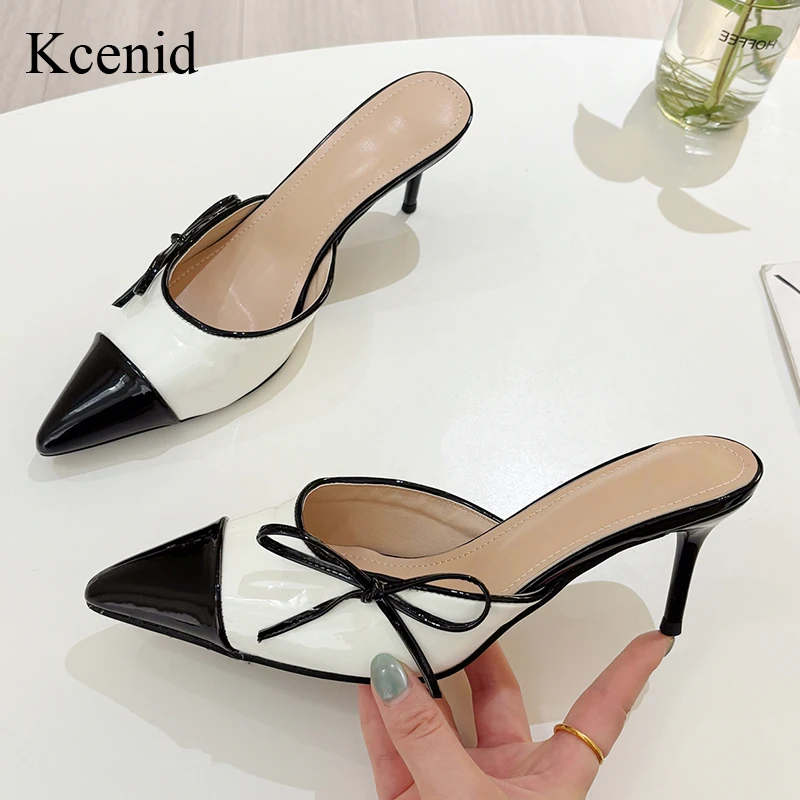 

Kcenid Butterfly-knot Shoes for Women Sexy Pointed Toes High Heels Female Mules Black And White Patent Leather Woman Shoes Pumps