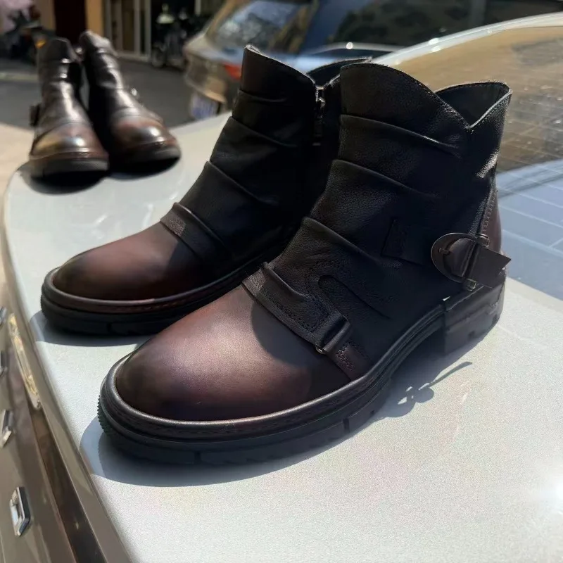 

Motobike Boots British Ankle Boots Leather Retro Trendy Work shoes for Men High-top Leather Shoes Chelsea Cowboy Boots Zapatos