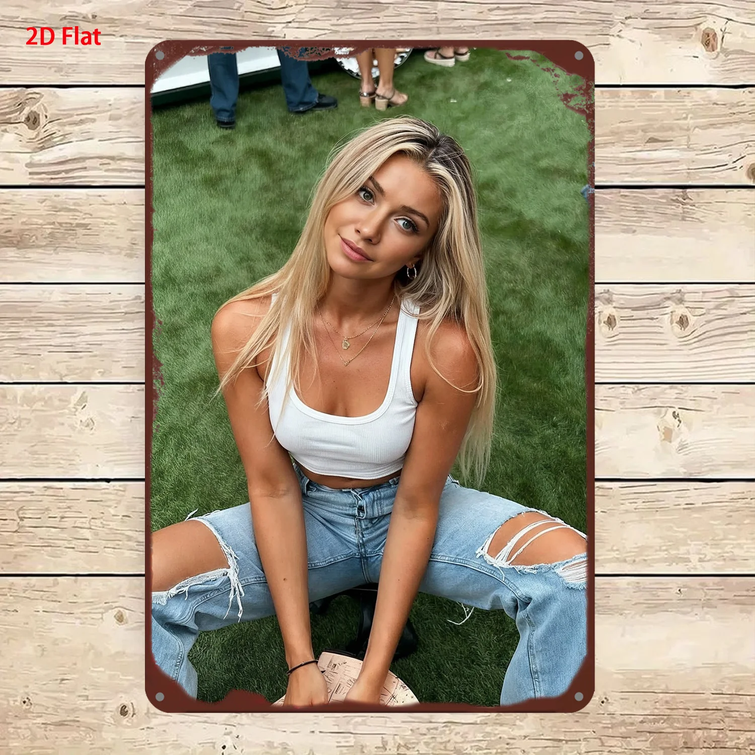 2D Metal Sign，Vintage Casual Babe in White Tank & Ripped Jeans Metal Wall Art Plaque