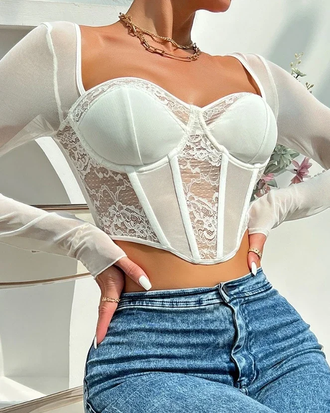 Top Women 2024 Spring Fashion Contrast Lace Hanky Hem Sexy Sweetheart Neck Long Sleeve Skinny Fishbone Corset Top Y2K Clothes