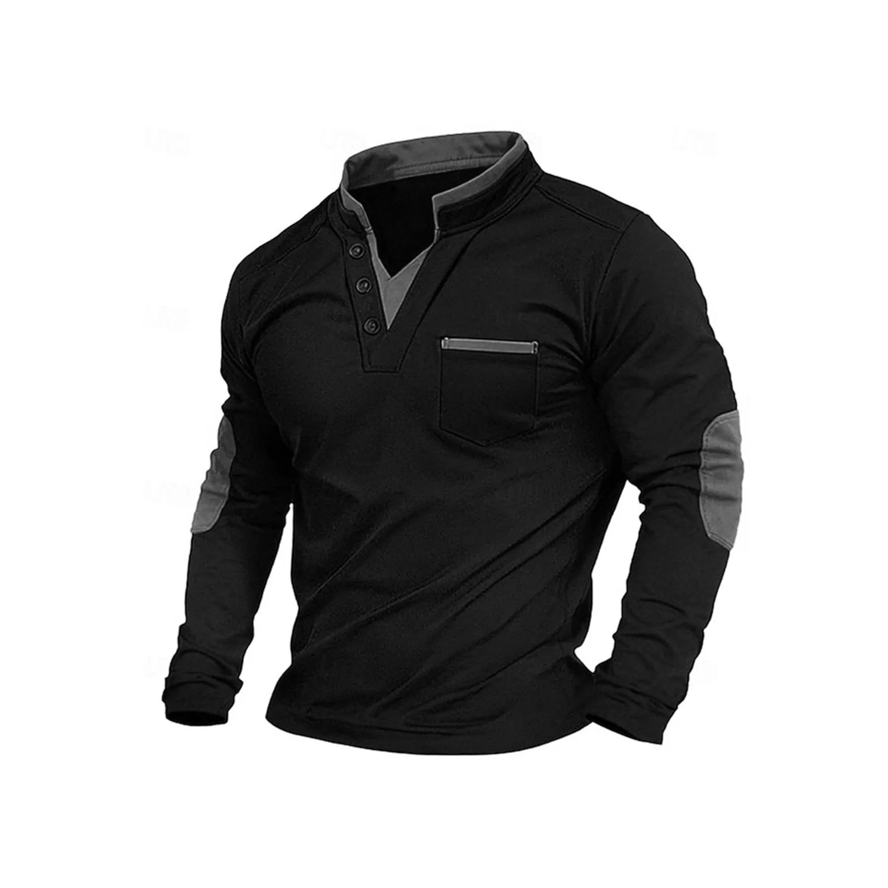 Long Sleeve Stand Collar Set with Single Breasted Button Front Pullover Men Long Sleeve T Shirt in Straight Fit English Style