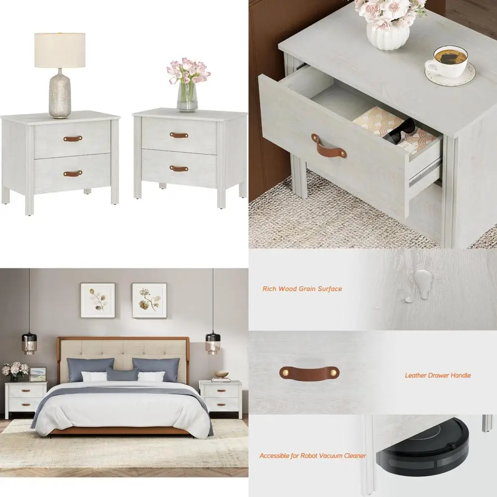 White Wooden 2-Drawer Nightstands for Bedroom, Living Room, and Office - Small Side Tables with Storage