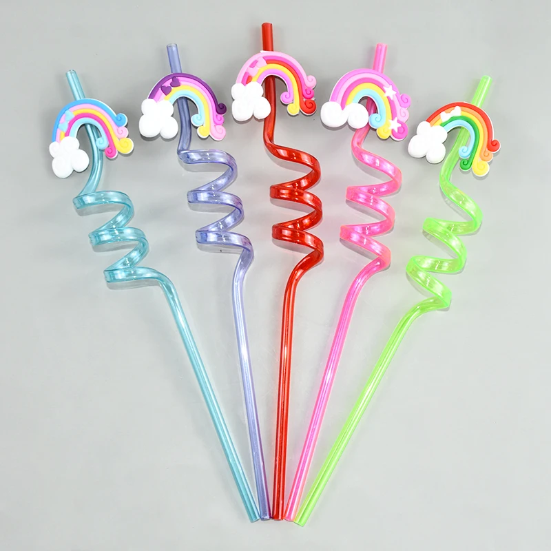5/10 Stück wiederverwendbare gebogene Regenbogen-Spiral-Trinkhalme aus Kunststoff für Kindergeburtstage, Hochzeiten, Partys, Cocktail-Getränkezubehör