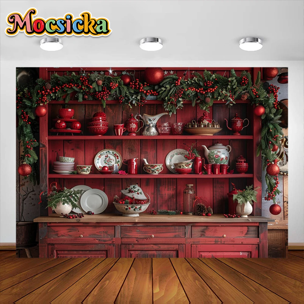 Mocsicka Christmas Backdrop for Photography Red Wooden Cupboard Xmas Holiday Party Child Family Portrait Background Photo Studio