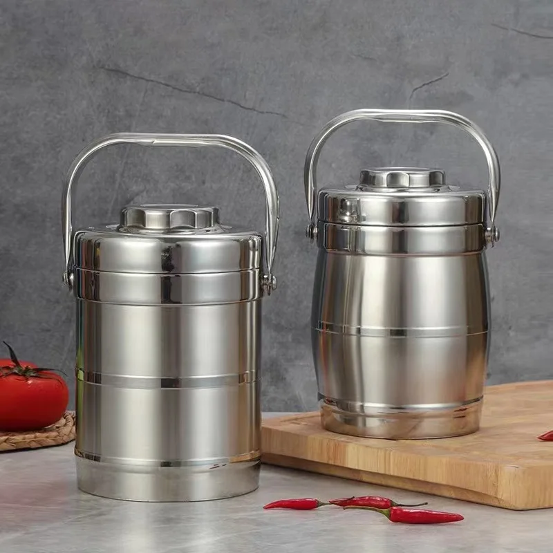 Stainless Steel Insulated Portable Lunch Box with Straight Drum Shaped Multi-layer Insulated Bucket for Office Workers