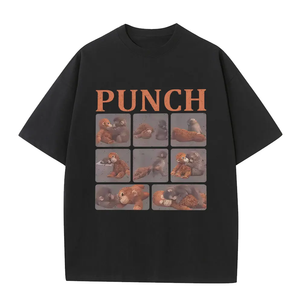 

Sad Monkey Punch Funny Meme Graphic T-shirt with An Orange Toy T Shirts Men Women Casual Cotton Oversized Short Sleeve T-shirts
