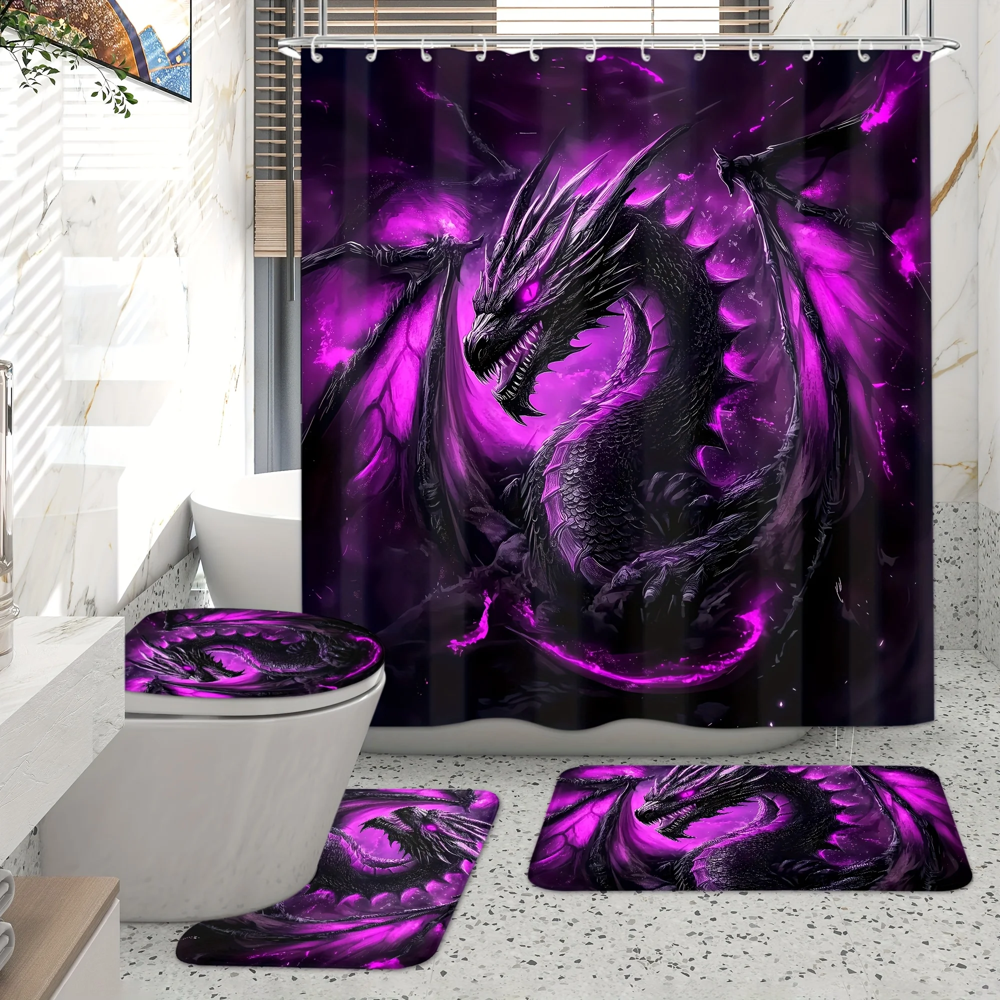 

Mysterious Evil Purple Dragon Bathroom Set: Waterproof Curtain, Soft Contour Carpet, Fashionable Toilet Lid, Non Slip Bath Mat