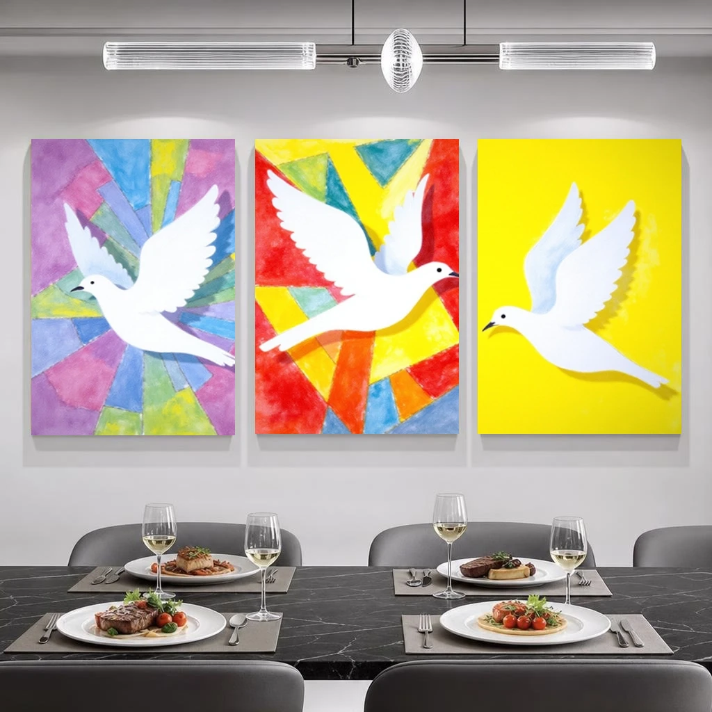2D Flat, 2D Flat, 3pcs Modern Flying Doves Wall Art Prints, White Doves with Colorful Radial Background, Frameless Print Set