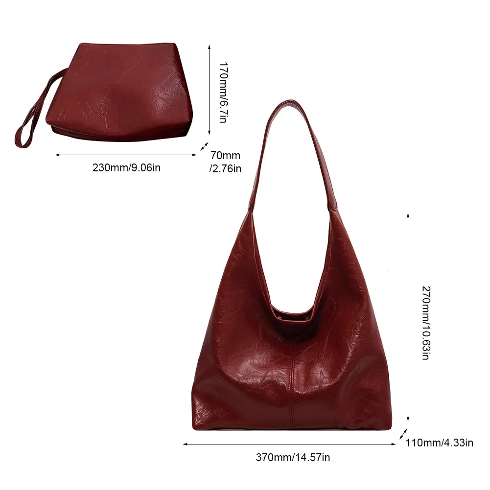 Soft PU Leather Quality Underarm Bag Vintage Wine Red Ladies Shoulder Bag Commuter Large Handbag 2pcs Women\'s Versatile Tote Bag