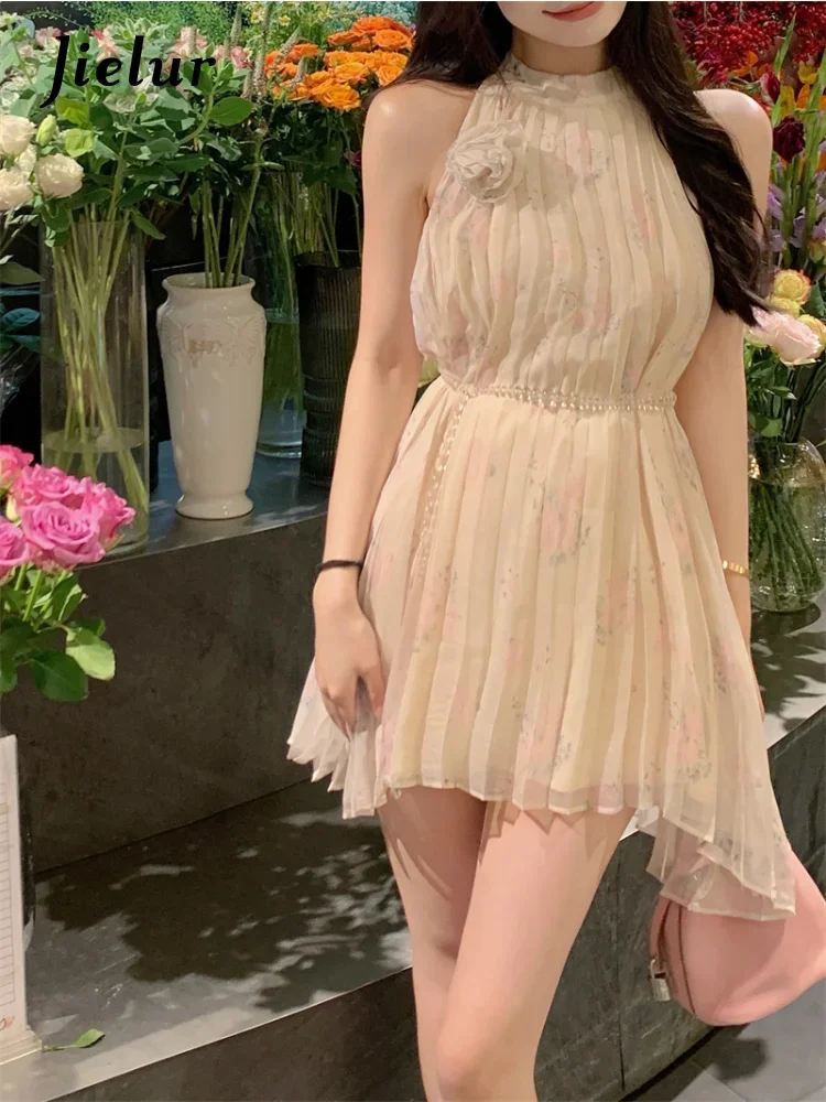 

Jielur Elegant Sleeveless Floral Dress Women Spring Sexy Slim One Piece Dress Koeran Fashion Chiffon Mini Dresses Female Outwear