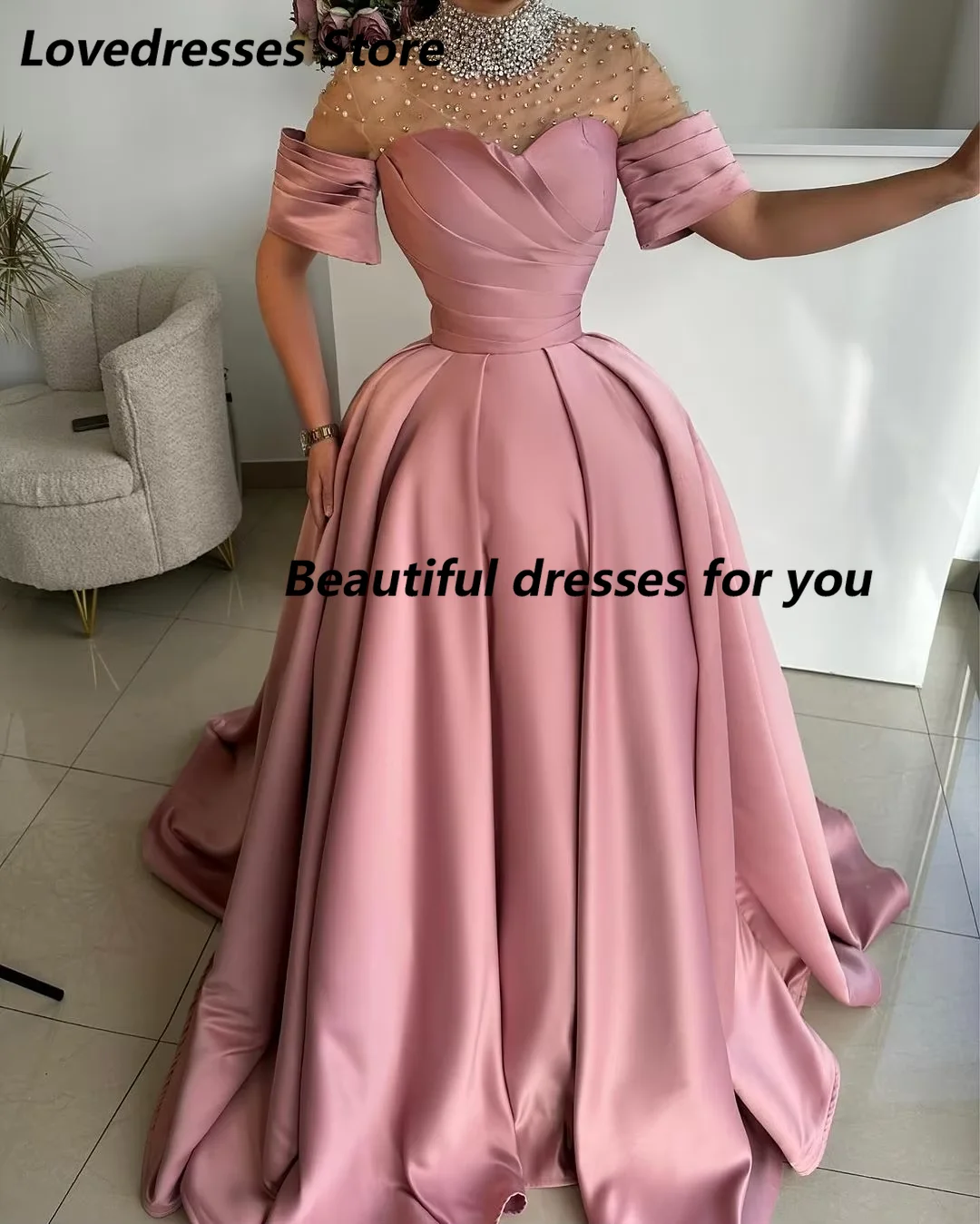 Customized Pink High Neck Beading Evening Dresses Short Sleeves Prom Dresses Pleated Long Party Dresses vestidos de novia