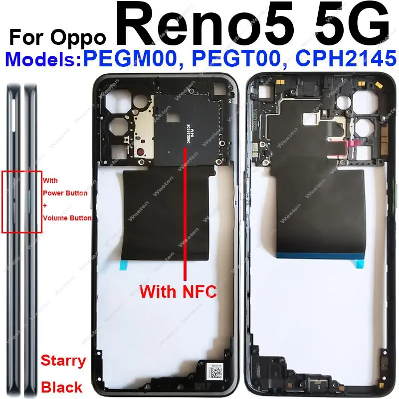 

Для OPPO Reno 5 5G 5K 5G средняя рамка корпуса Обложка шасси с фотобоковыми кнопками Замена