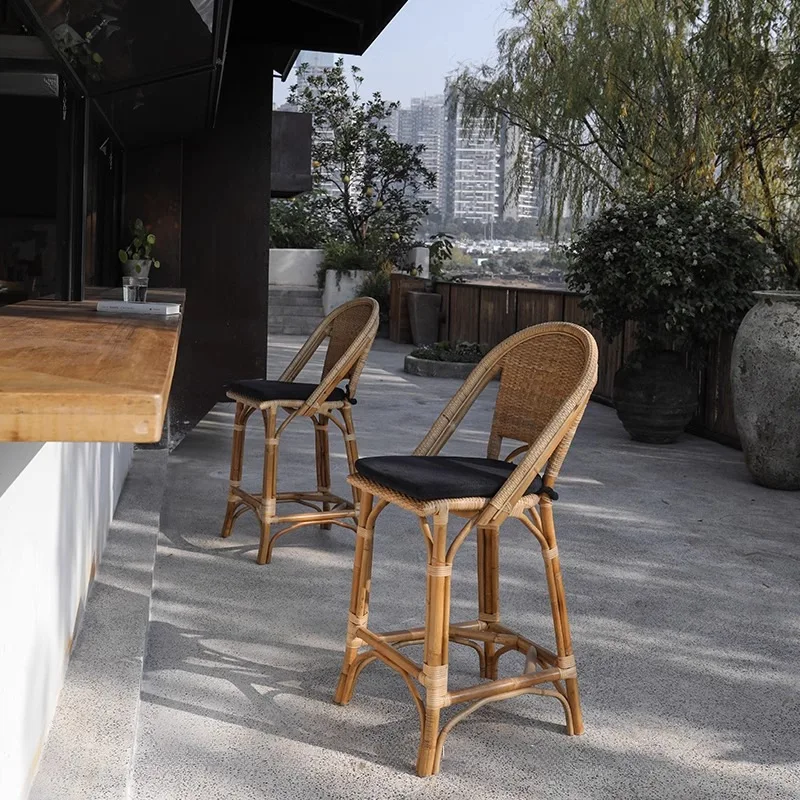 Solid Wood Rattan Bar Stool, High Back Wicker Counter Chair for Kitchen Island, Handwoven Natural Seat