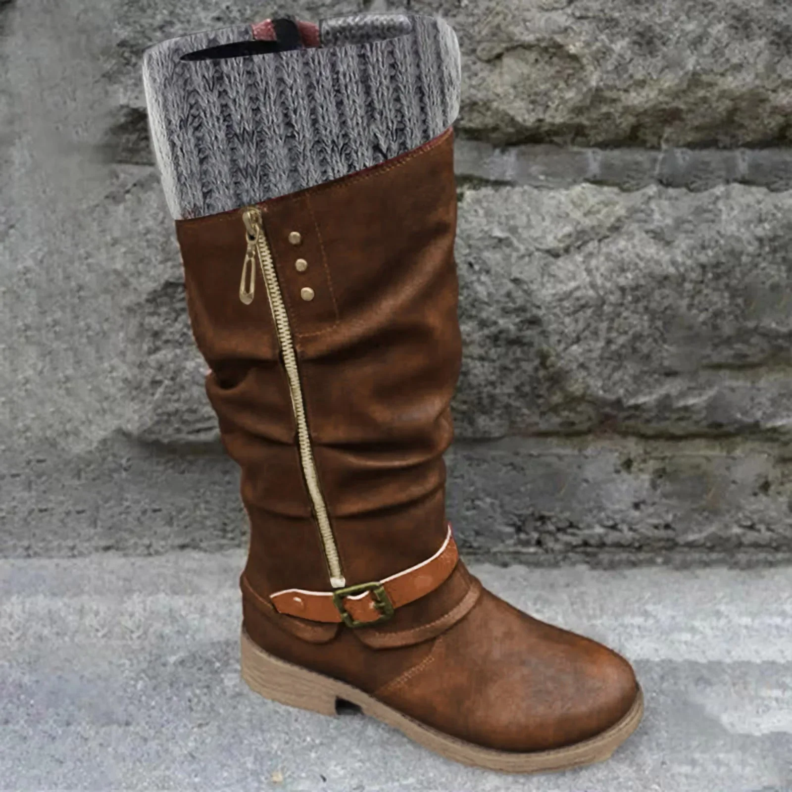 Vintage Women Boots Round Toe Casual Knee High Boots Autumn Winter Fashion Warm Ladies Shoes Solid High Quality