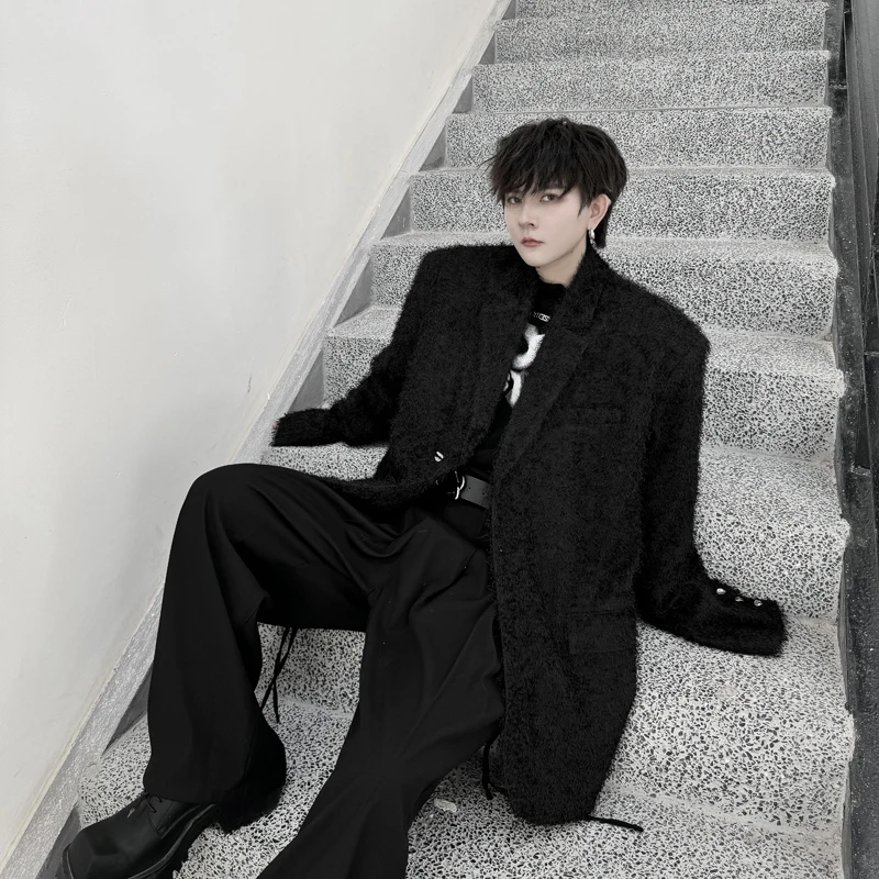 SYUHGFA Korean Style Lapel Suit Coat Male 2024 Autumn Solid Color Plush Surface Blazer High Street Men's Wear Jacket