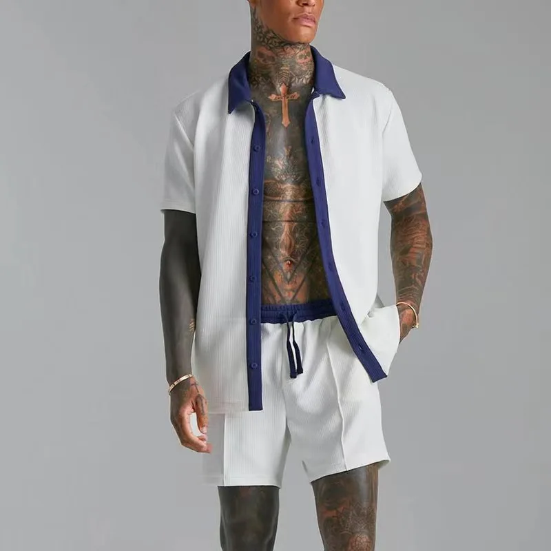 2025 Summer Beach Suit Fashion Patchwork Color Large Size Two-Piece Men's Short Sleeve Shirt + Shorts Hawaiian Casual Clothing