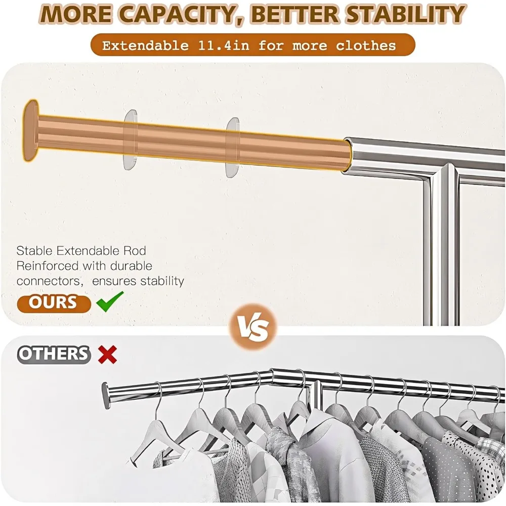 رف ملابس ذو قضيب مزدوج عالي التحمل، سعة 500 رطل، لتعليق الملابس بعجلات، مثالي للمنزل والتجاري