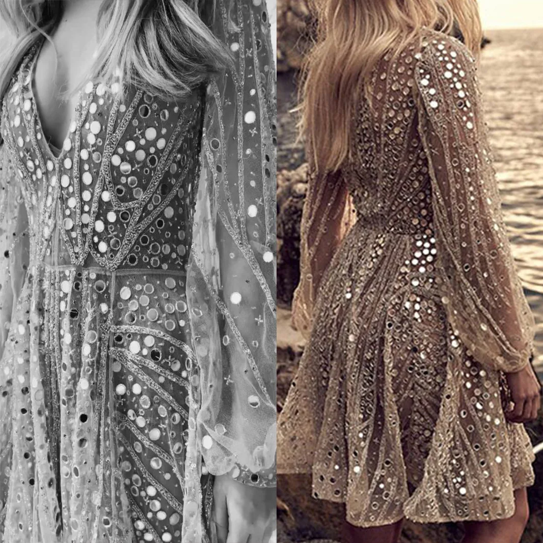Robe de soirée Dr Long Sve pour femmes, décolleté en V profond, Midi, à paillettes, transparente, taille moyenne, tissu Polyester, nouvelle collection printemps été