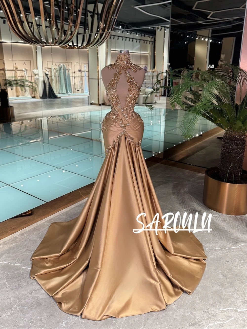 

Sexy High Neck Golden Beaded Mermaid Satin Evening Dress Modern Intricate Cutout & Train Gown For Glamorous Parties Customized