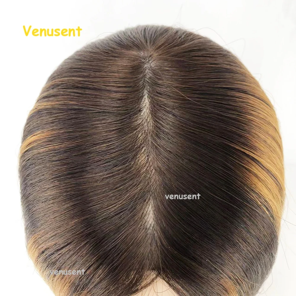 6 "X 6" Sorot Atas Dasar Kulit Perawan Eropa Rambut Manusia Hairpiece untuk Rambut Rontok Sutra Atas Rambut Palsu dengan Klip Dalam Warna #4/27