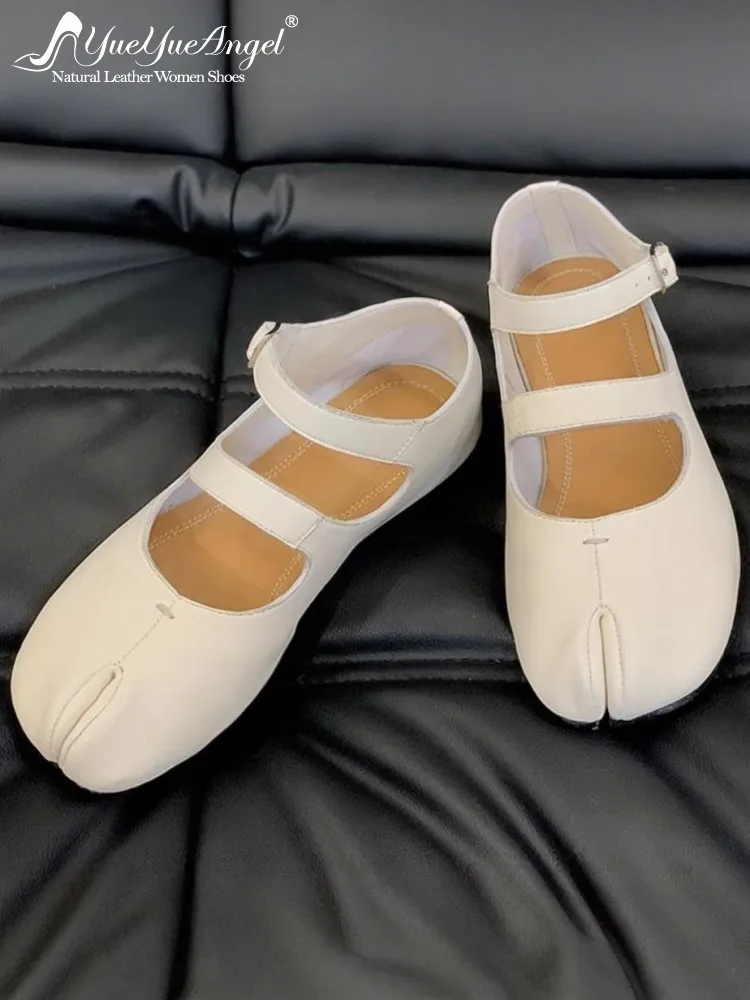 

Daily Ballet Style Mary Jane Shoes Solid Color Genuine Leather Sheepskin Split Toe Footwear Buckle Strap Flat Female Sandals
