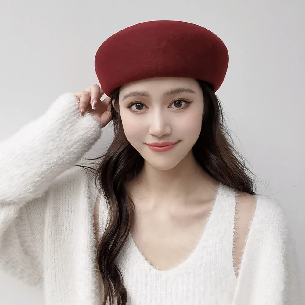 قبعة بيريه نسائية من الصوف بنسبة 100% تحافظ على الدفء قبعة كلاسيكية ساحرة أنيقة من الصوف قبعة بيريه شتوية #2