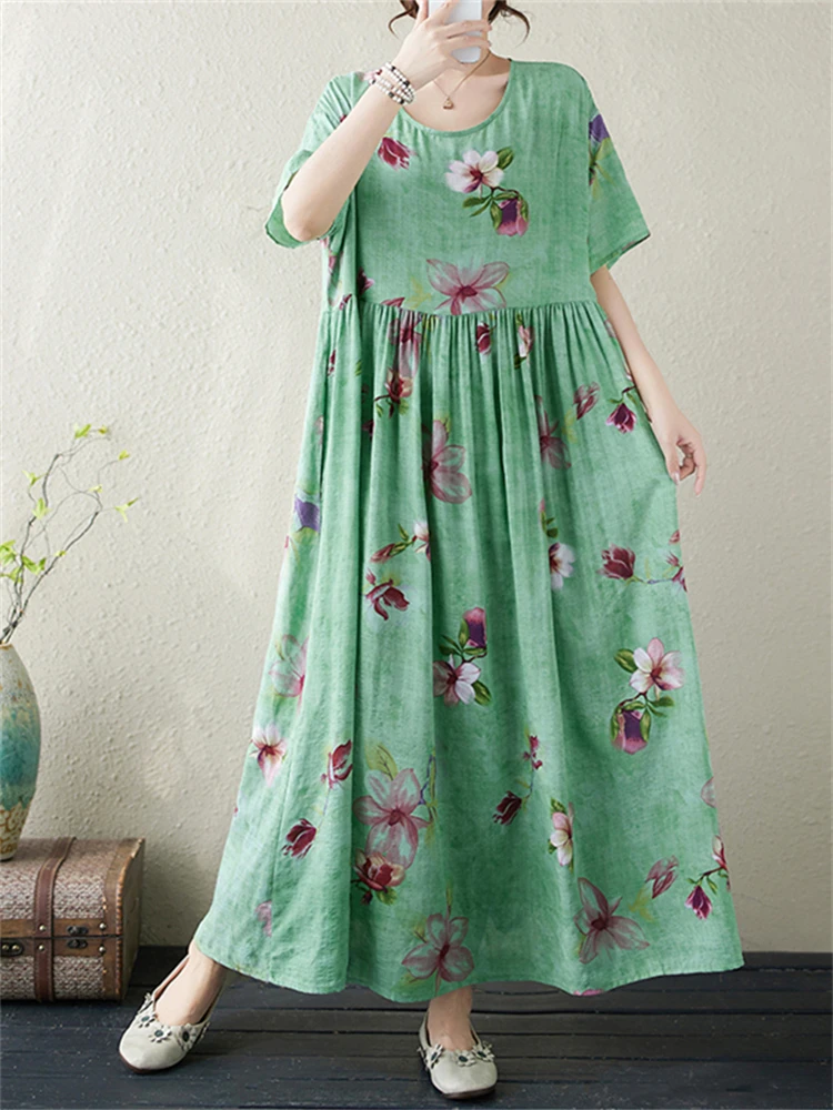 2024 New Summer Cotton Vintage Short Sleeve Print Dresses For Women Casual Loose Long Dress Femme Robe Vestidos Fashion Clothing