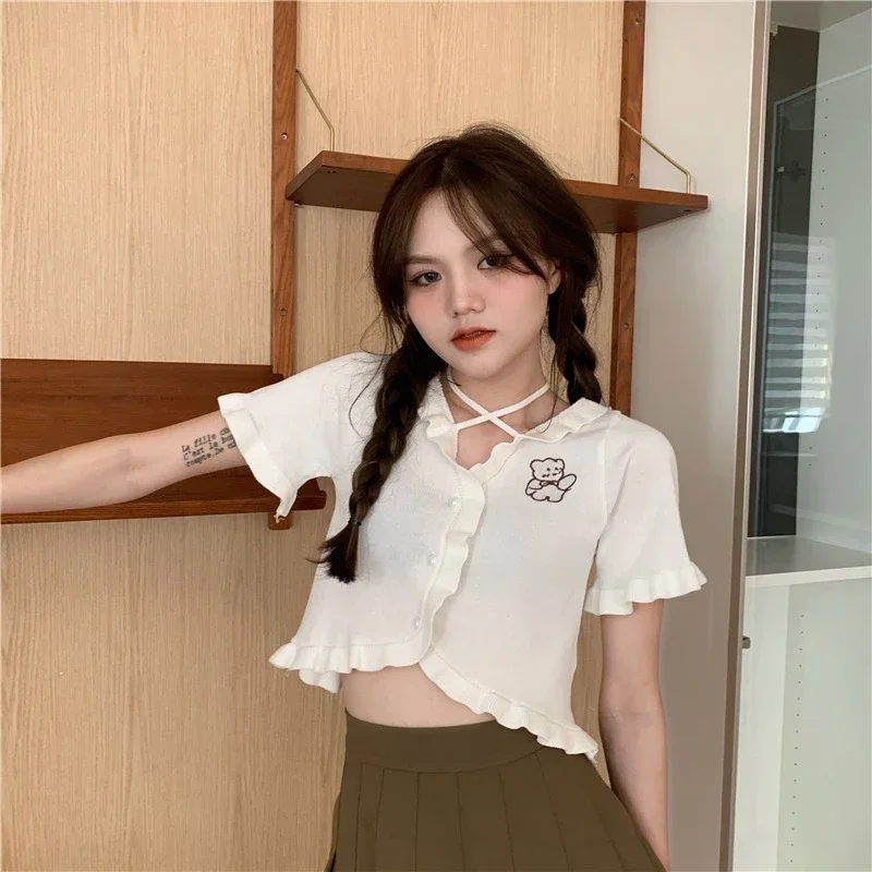 

Cropped Cardigan Women Short Sleeve V-neck Knit Sweater 2025 Ropa Mujer Embroidery Bear Sweet Korean Sueter Summer Pull Femme