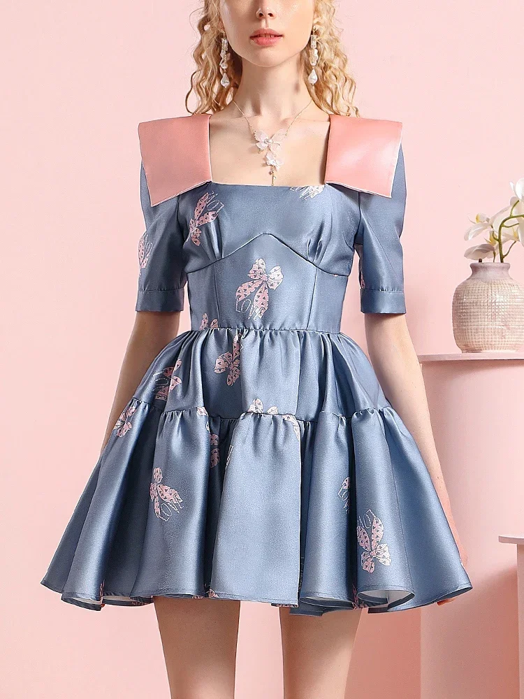 LEOSOXS Designer Dresses Women 2024 New Summer New Niche Design Butterfly Print Contrasting Color Square Neck Sweet Tutu Dress