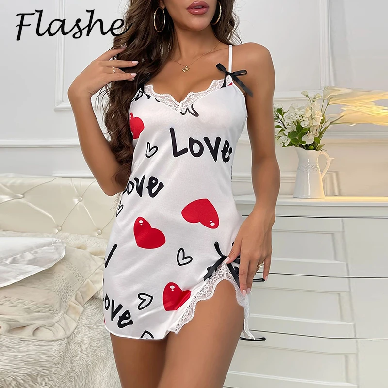 

New Sleepwear Dress Women V Neck Lace Patchwork Love Printed Homewear Mini Dress