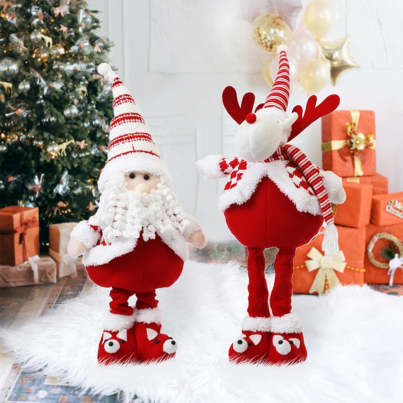 

Red And White Striped Santa Claus Snowman Reindeer Standing Telescopic Legs Doll Ornament Merry Xmas Table Decor 2024 New Year