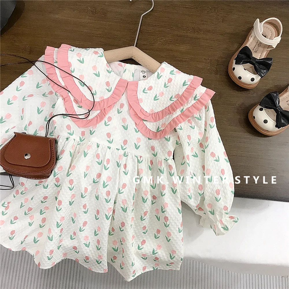 

Girl Dress Spring Autumn New 2024 Double Collar Floral Princess Casual Simple Fashion Loose Sweet Korean Active Vintage Comfort